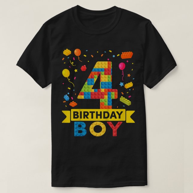 Kids 4 Year Old Building Blocks 4th Birthday Boy  T-Shirt (Design Front)