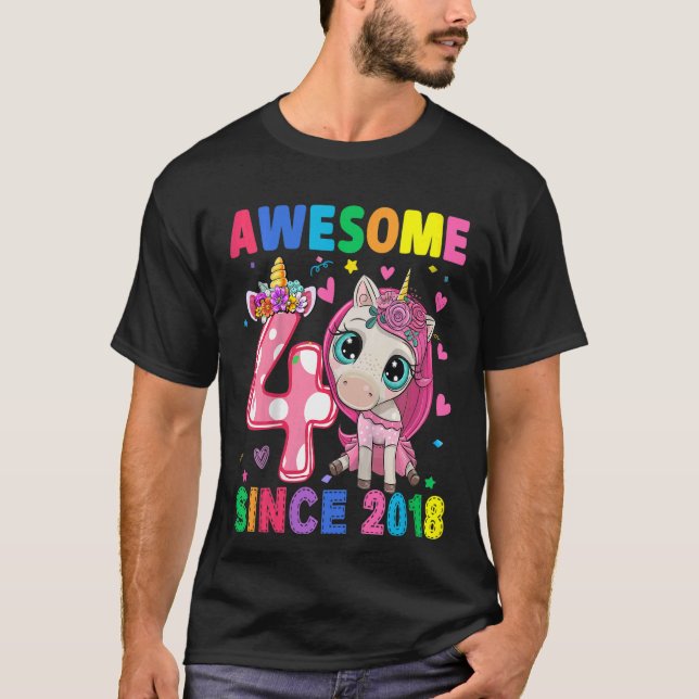 Kids 4 Year Old  Girls Teens  Unicorn 4th Birthday T-Shirt (Front)