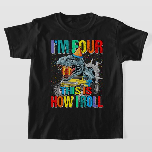 Kids 4 Year Old Monster Truck Dinosaur Birthday Pa T-Shirt (Laydown)
