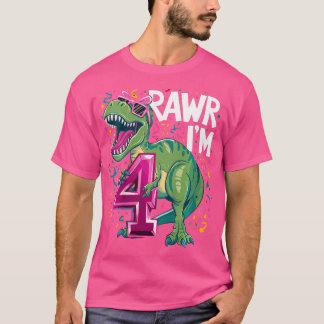 Kids 4 Year Old T Rex Dinosaur 4Nd Birthday Girl T-Shirt