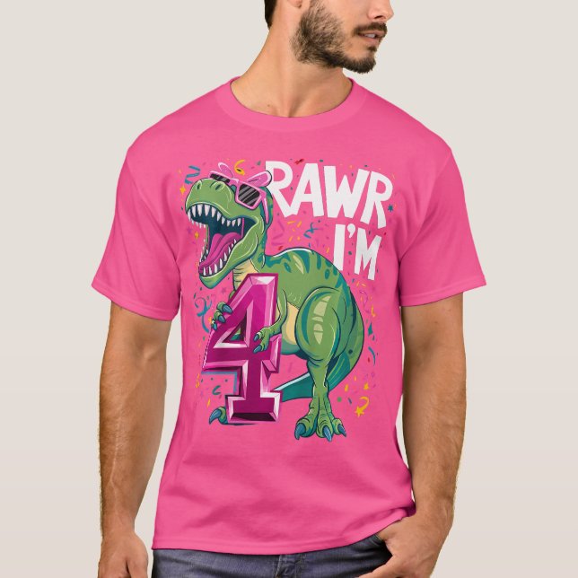Kids 4 Year Old T Rex Dinosaur 4Nd Birthday Girl T-Shirt (Front)