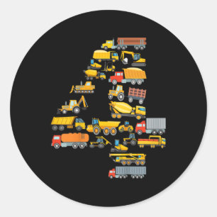 Kids 4th Birthday Boy Construction Excavator Vehic Classic Round Sticker