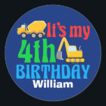 Kids 4th Birthday Boy Construction Vehicle Party Classic Round Sticker<br><div class="desc">Cool personalised construction vehicle sticker for a kid turning four who likes cars and trucks. Add your child's name below the cute digger and dump truck design for a kid who likes vehicles. Use as a seal for 4th birthday party favour bags.</div>