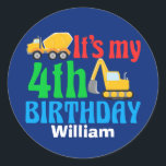 Kids 4th Birthday Boy Construction Vehicle Party Classic Round Sticker<br><div class="desc">Cool personalised construction vehicle sticker for a kid turning four who likes cars and trucks. Add your child's name below the cute digger and dump truck design for a kid who likes vehicles. Use as a seal for 4th birthday party favour bags.</div>
