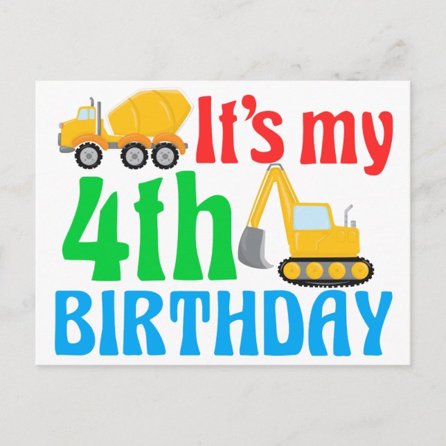Kids 4th Birthday Boy Construction Vehicle Postcard (Front)
