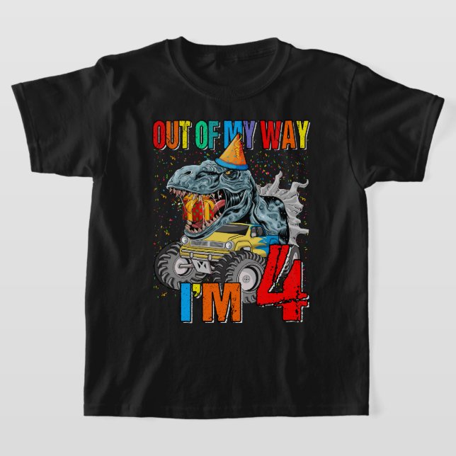 Kids 4th Birthday Boy Monster Truck Dinosaur Out O T-Shirt (Laydown)