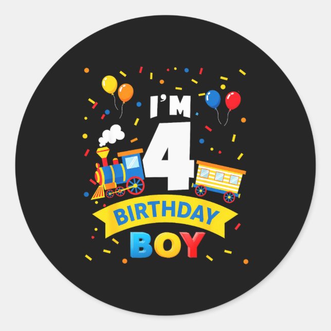 Kids 4th Birthday Boy Train Four 4 Year Old Birthd Classic Round Sticker (Front)
