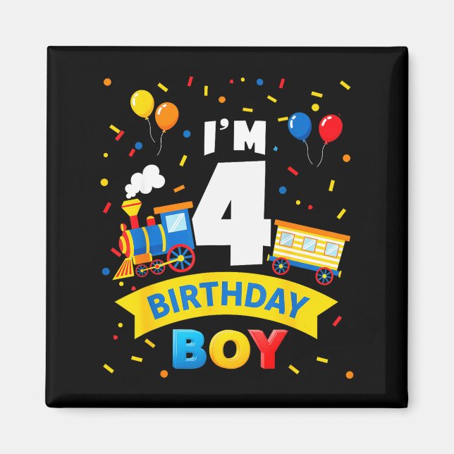 Kids 4th Birthday Boy Train Four 4 Year Old Birthd Magnet (Front)
