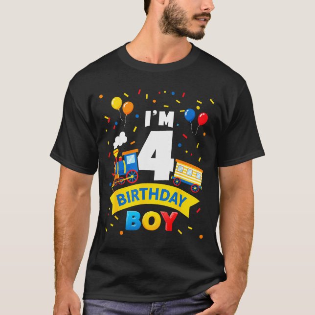 Kids 4th Birthday Boy Train Four 4 Year Old Birthd T-Shirt (Front)