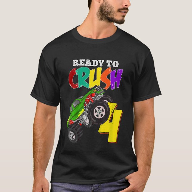Kids 4th Birthday Boys Monster Truck 4 Year Old Ra T-Shirt (Front)