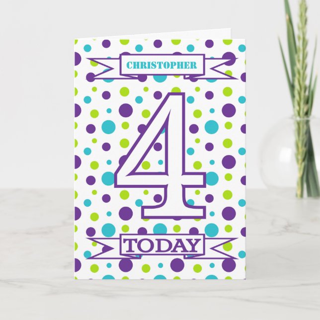 Kids 4th Birthday Bright Polka Dot Card (Front)