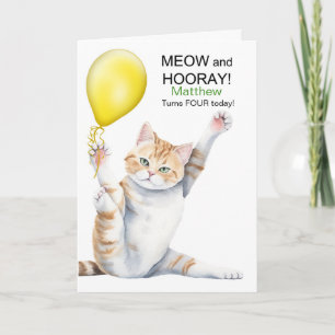 Kids 4th Birthday Cute Cartoon Cat with Name Card