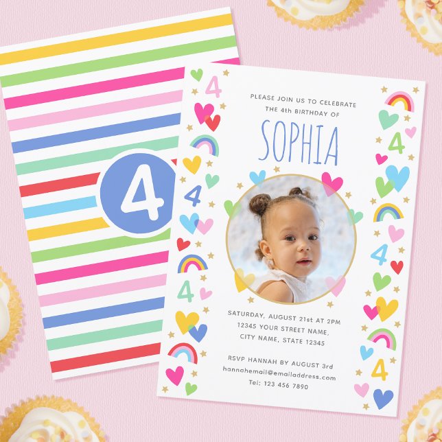 Kids 4th Birthday Cute Rainbow Photo Hearts Blue Invitation (Creator Uploaded)