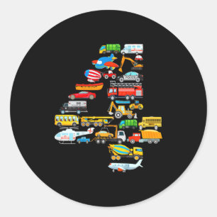Kids 4th birthday for boys vehicles fire truck classic round sticker