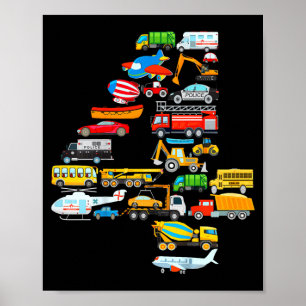 Kids 4th birthday for boys vehicles fire truck poster