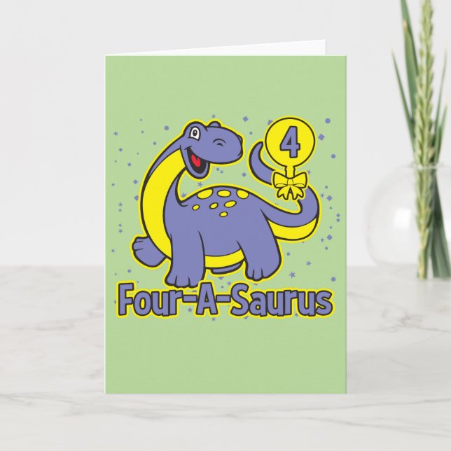 Kid's 4th Birthday Four-A-Saurus Brontosaurus Card (Front)
