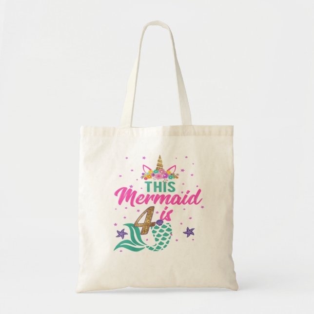 Kids 4th Birthday Girl Unicorn Mermaid Tail 4 Year Tote Bag (Front)