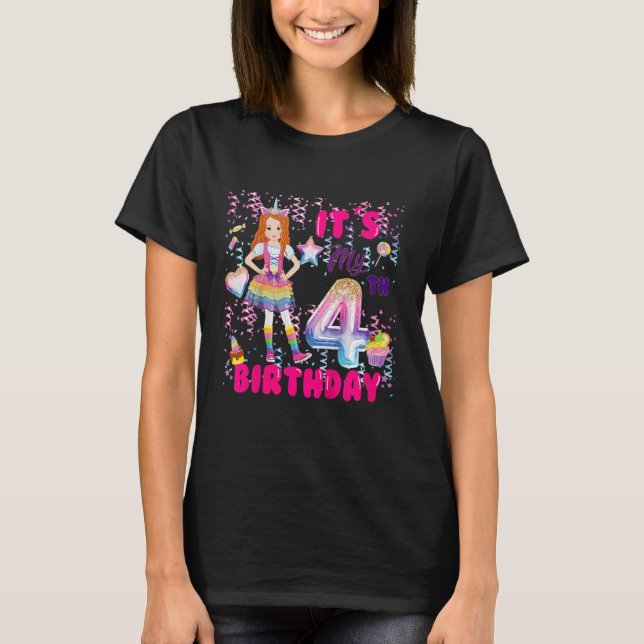 Kids 4th Birthday  Girls 4 Yr Red Haired 4th B Day T-Shirt (Front)