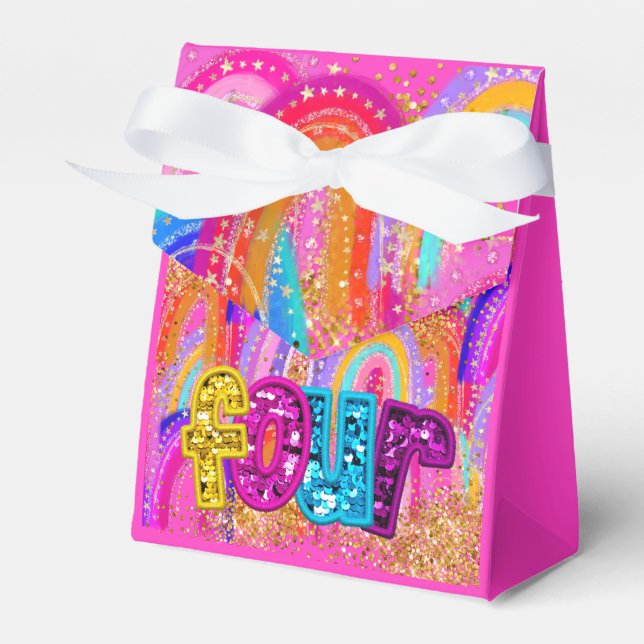 Kids 4th Birthday Rainbow Glitter Favour Boxes (Front Side)
