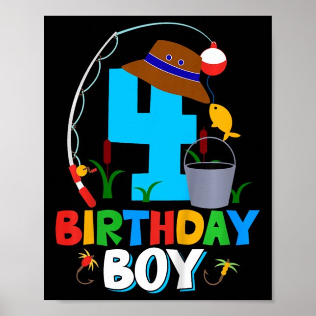 Kids 4th Birthday Shirt Boy Fishing Fish Bday Part Poster (Front)
