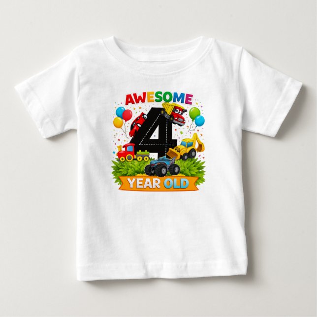 Kids 4th Birthday Shirt | Construction Vehicle tee (Front)