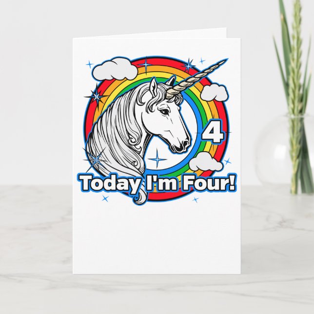 Kid's 4th Birthday Unicorn Rainbow Today I'm Four Card (Front)