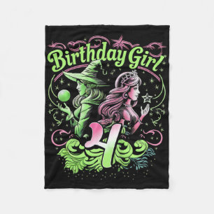 Kids 4th Birthday Witch Pink And Green 4 Years Old Fleece Blanket