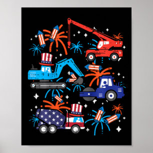 Kids 4th July Construction Trucks Vehicle Patriot Poster