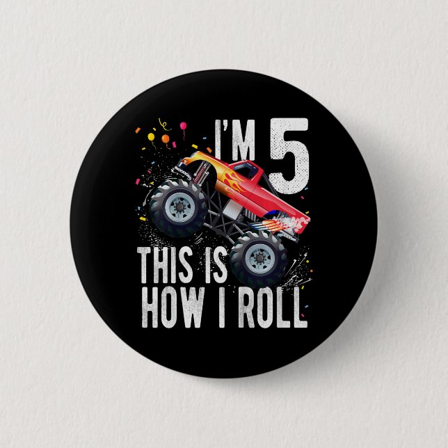 Kids 5 Year Old  5th Birthday Boy Monster Truck Ca 6 Cm Round Badge (Front)