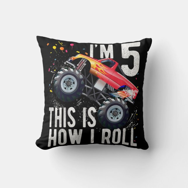 Kids 5 Year Old  5th Birthday Boy Monster Truck Ca Cushion (Front)