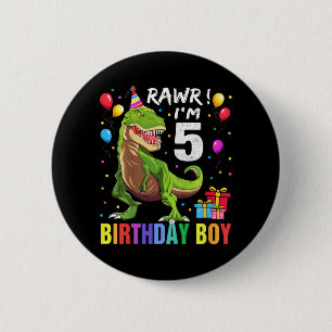 Kids 5 Year Old  5th Birthday Boy T Rex Dinosaur   6 Cm Round Badge