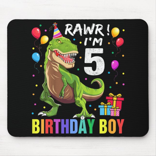 Kids 5 Year Old  5th Birthday Boy T Rex Dinosaur   Mouse Mat (Front)