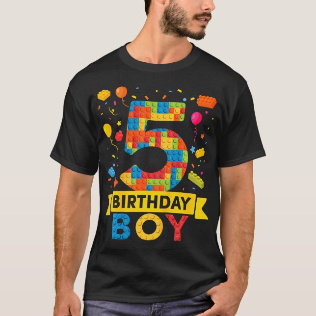 Kids 5 Year Old Building Blocks 5Th Birthday Boy T-Shirt (Front)