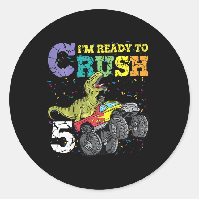 Kids 5 Years Old 5th Birthday Dinosaur Trex  boy g Classic Round Sticker (Front)