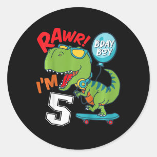 Kids 5th Birthday 5 Year Old Boy T-rex Skateboardi Classic Round Sticker