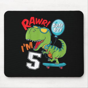 Kids 5th Birthday 5 Year Old Boy T-rex Skateboardi Mouse Mat