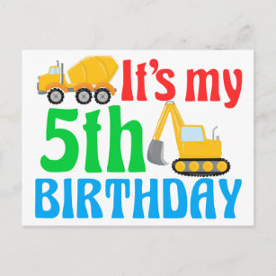 Kids 5th Birthday Boy Construction Vehicle Postcard