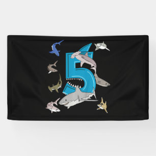 Kids 5th Birthday Boys Shark White Shark Banner