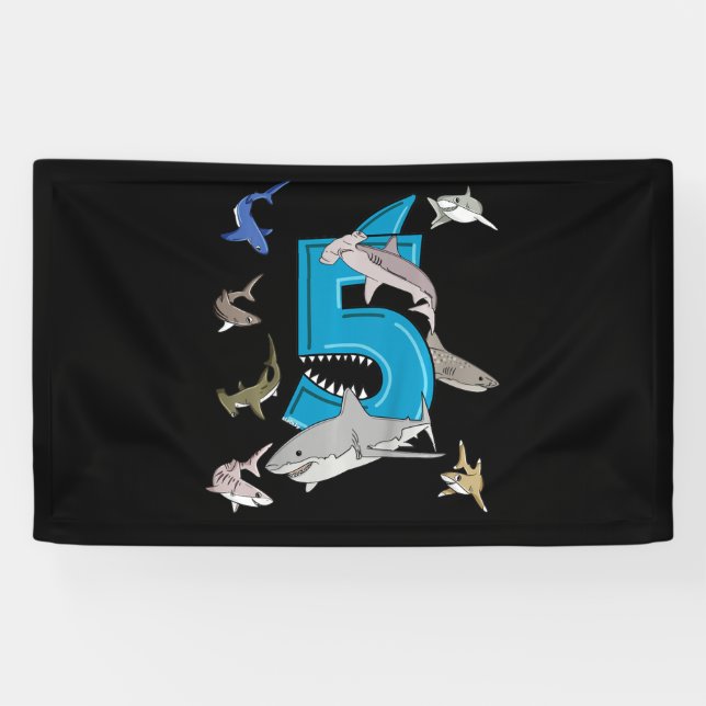Kids 5th Birthday Boys Shark White Shark Banner (Horizontal)