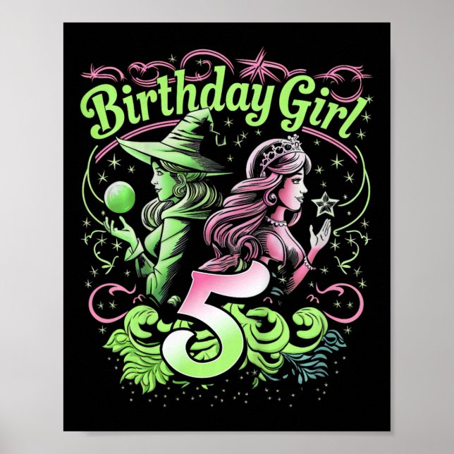 Kids 5th Birthday Witch Pink And Green 5 Years Old Poster (Front)