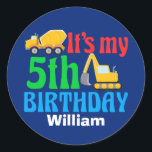 Kids 5th Construction Vehicle Boys Birthday Party Classic Round Sticker<br><div class="desc">Cool personalised construction vehicle sticker for a kid turning five who likes cars and trucks. Add your child's name below the cute digger and dump truck design for a kid who likes vehicles. Use as a seal for 5th birthday party favour bags.</div>