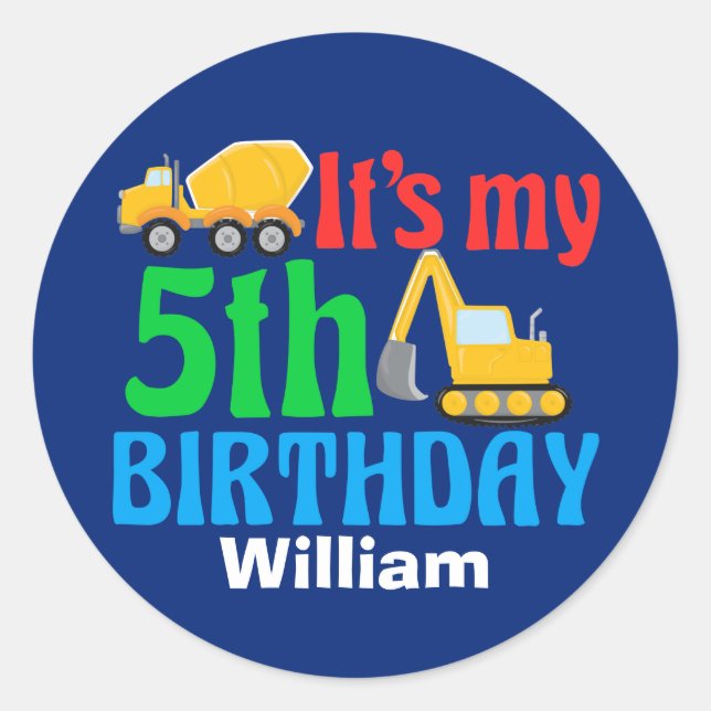 Kids 5th Construction Vehicle Boys Birthday Party Classic Round Sticker (Front)