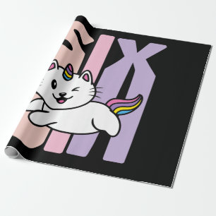 Kids 6 Year Old Cute Caticorn Cat Unicorn Birthday Wrapping Paper