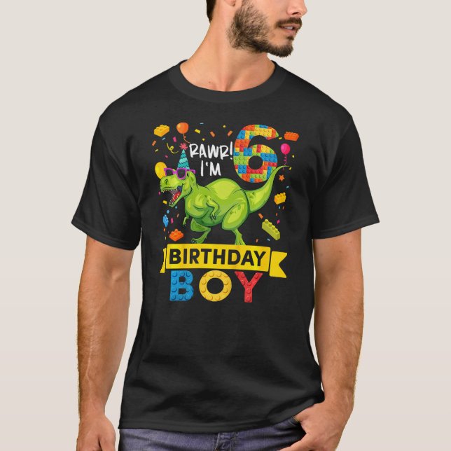Kids 6 Year Old Dinosaur Building Blocks 6th Birth T-Shirt (Front)