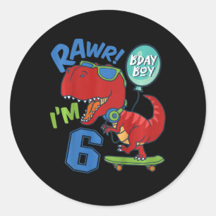 Kids 6th Birthday 6 Year Old Boy Red T-rex Skatebo Classic Round Sticker