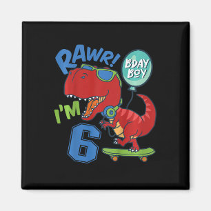 Kids 6th Birthday 6 Year Old Boy Red T-rex Skatebo Magnet