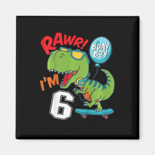 Kids 6th Birthday 6 Year Old Boy T-rex Skateboardi Magnet