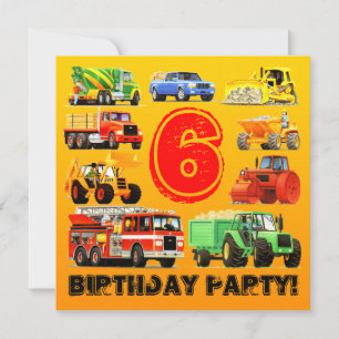 Kid's 6th Birthday Custom Construction Truck Party Invitation