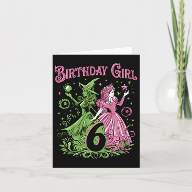 Kids 6th Birthday Witch Pink And Green 6 Years Old Card (Front)