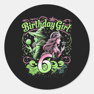 Kids 6th Birthday Witch Pink And Green 6 Years Old Classic Round Sticker